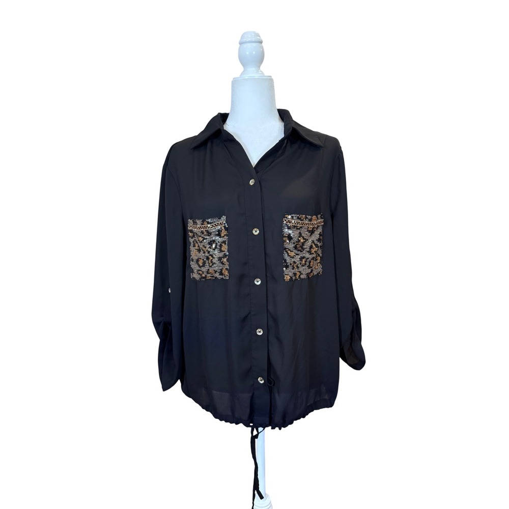 Frank Lyman Button Up Shirt Black Sequin Leopard 214132U